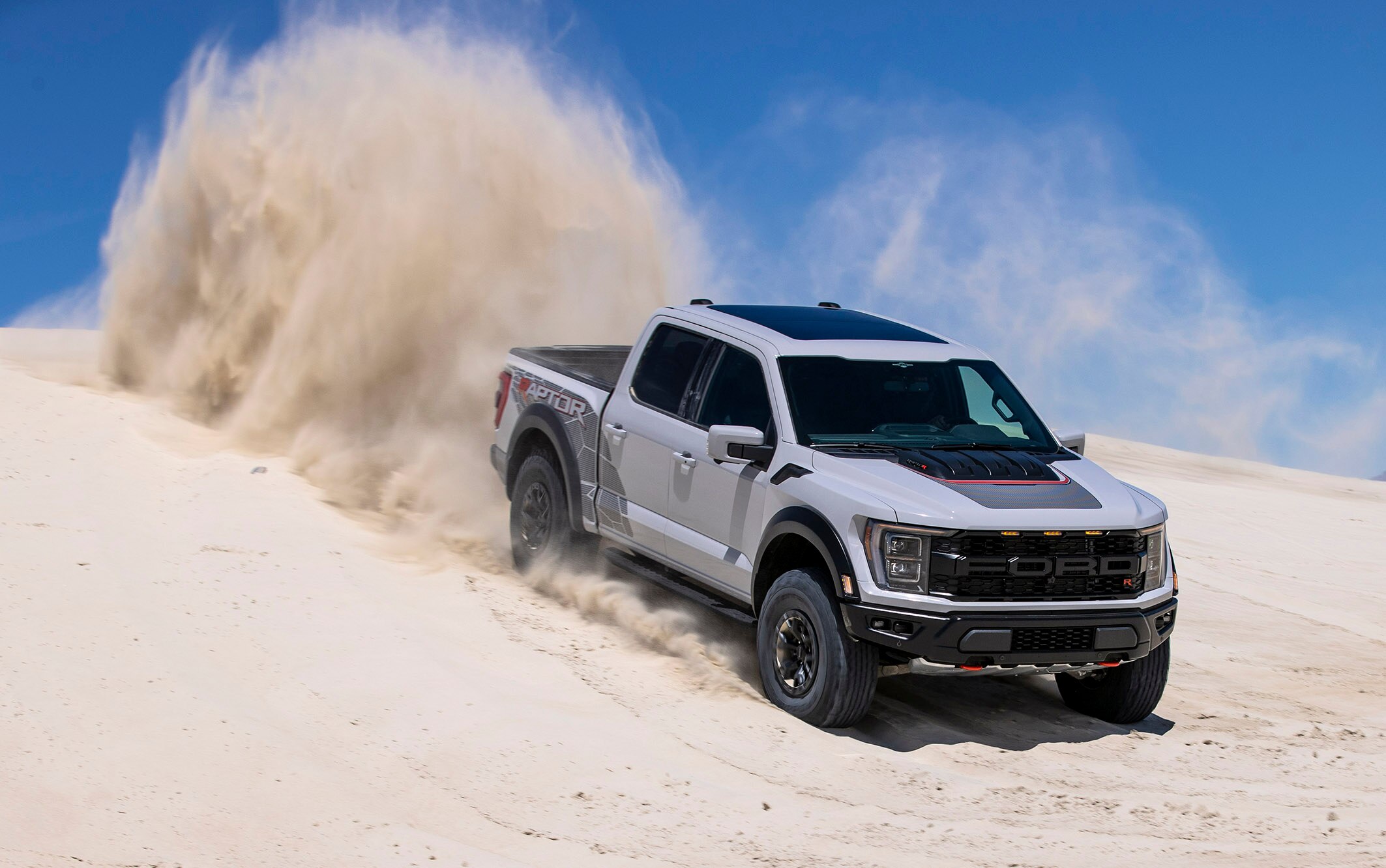 Preproduction model with optional equipment shown. Available late 2022.Professional driver on a closed course. Always consult the Raptor supplement to the Owner’s Manual before off-road driving, know your terrain and trail difficulty, and use appropriate safety gear. 